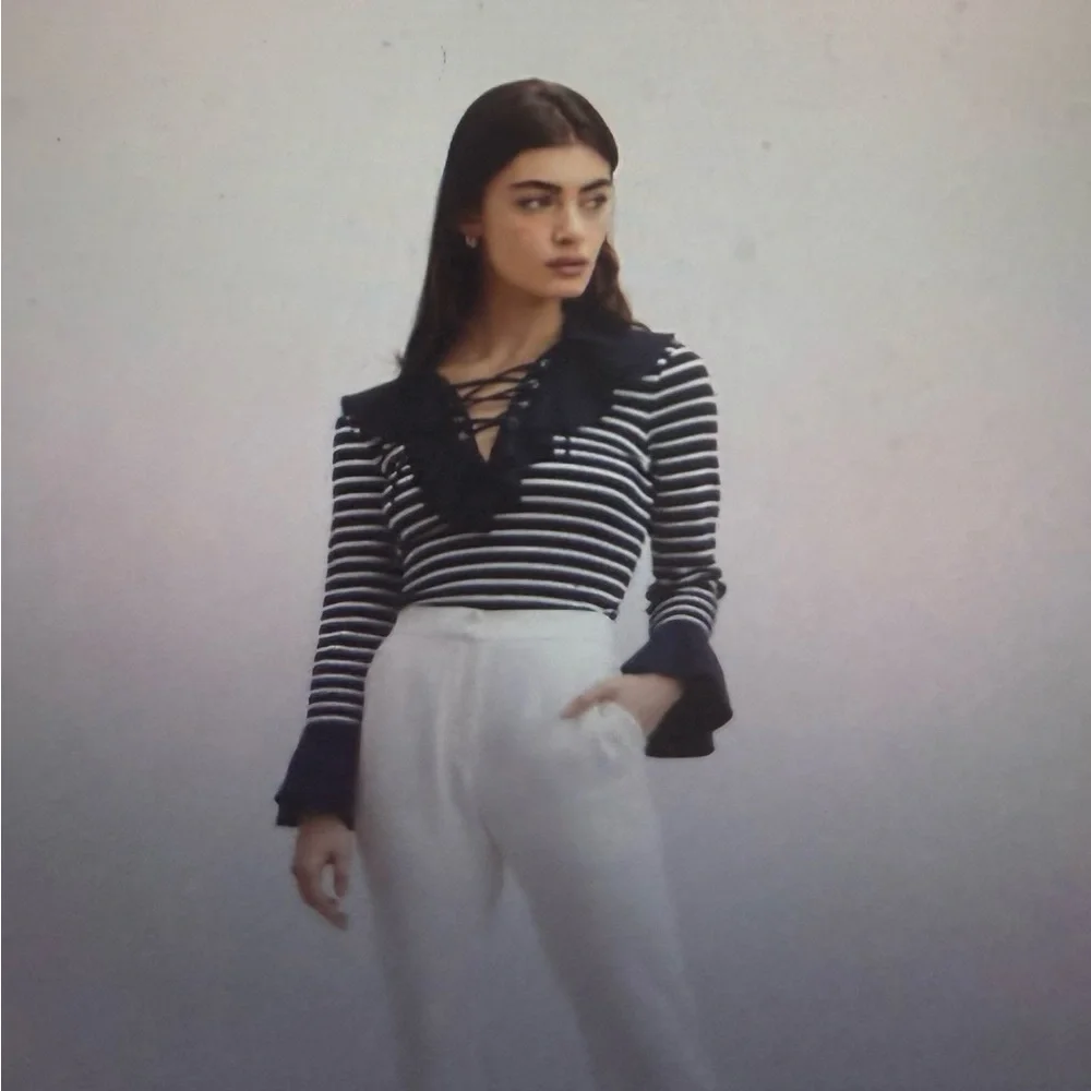 Anne Fontaine Navy and White Striped Lace-Up coquillage Top, size Medium‎
